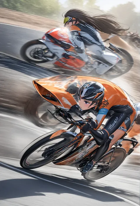 Little fox mascot girl ,  riding behind a female racer racing on a road bike,  black hair,  semi-long,  stylish ,  road bike racing , Behind the scenes of several road racers engaged in a heated battle, speed, Elevate your mood,  Panoramic View, A rear vie...