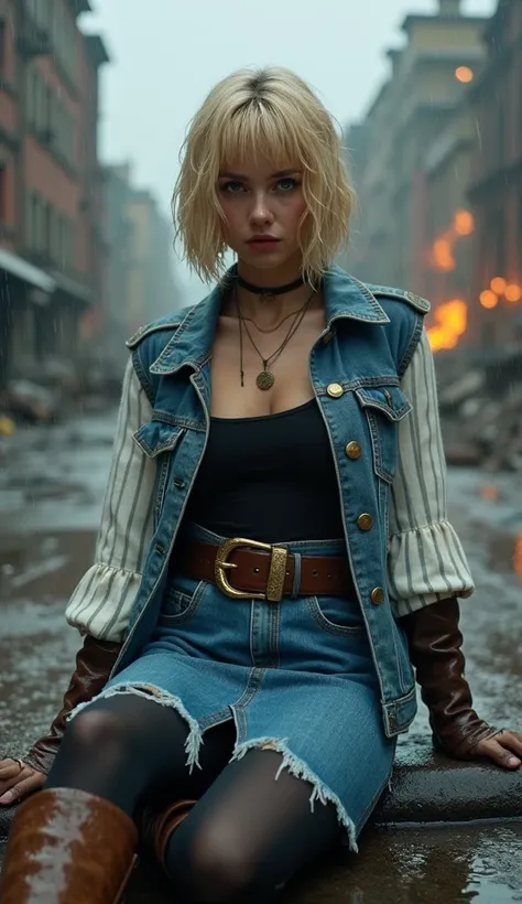 inspired woman ,  sitting in a post-apocalyptic environment in heavy rain.  long sleeves white with thin gray stripes , black fitted top,  sleeveless blue denim jacket with damaged edges ,  ripped blue denim skirt and brown belt with gold buckle, all the c...