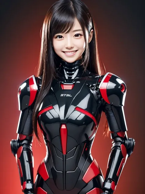 one Japanese female android, cute face, thin and tall, smile, black long hair, black and red robot suit, black and red mechanical part, black and red cyborg joint, upper body, plain background