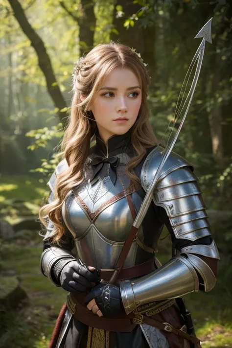  best quality, masterpiece,  ultra high resolution, Strong women,  long curl hair, Leather Armor, Medieval clothing, Archer, Exquisite Bow,  Mysterious Runes, Magical, Detailed background, forest, extreme detailed, 4K,  