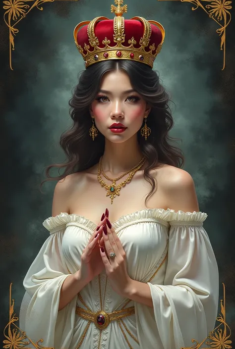 A tarot card type logo a queen dressed in white red crown wine nail  