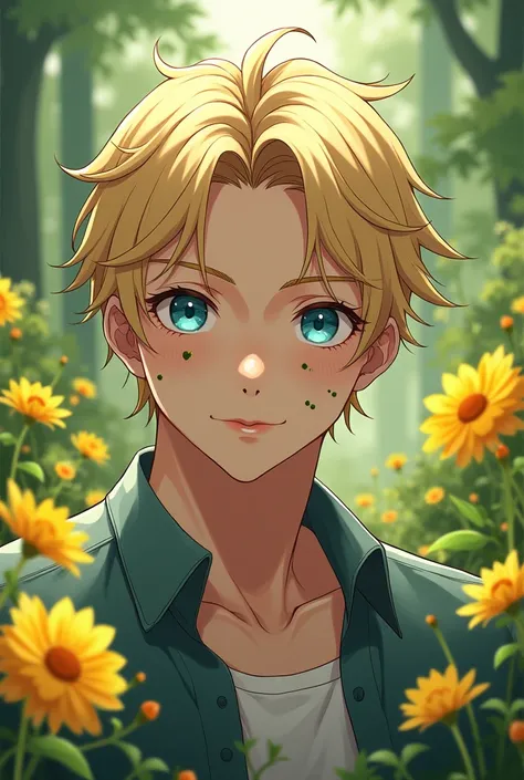  Anime of a handsome man with blond hair and light blue eyes, with polka dots on his face ,  taking a selfie,  in the woods, surrounded by yellow flowers