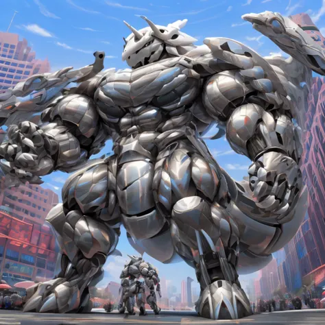 (giant mechanical aggron rampage through a city, crushing buildings beneath their unstoppable metal frames), (official art, 
bes...