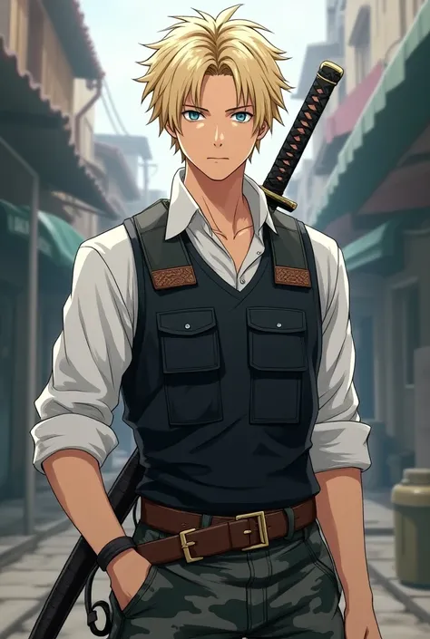 (Anime) A young looking 23-year old Male, with medium blonde hair and blue eyes, wears a white long-sleeved collared shirt, a black kevlar vest, a brown belt that has his katana strapped to it, black camo pants and black combat boots.