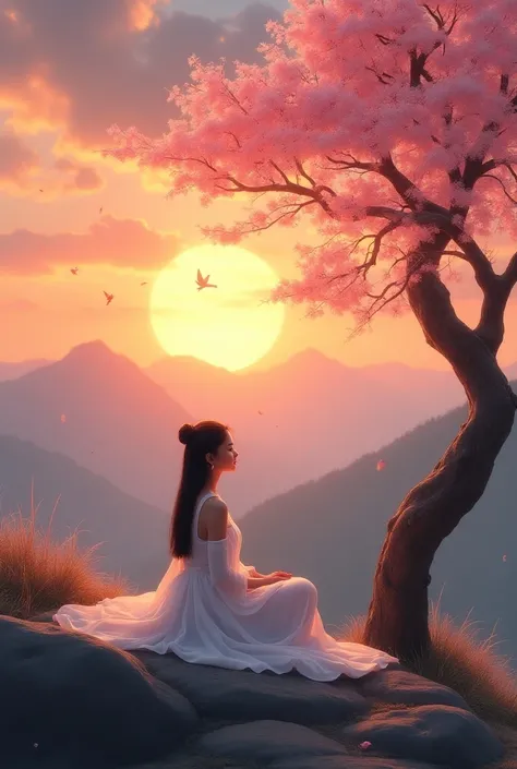 A woman sitting on the floor, She is on a mountain , She wears a white dress,  the background is a sunset ,  next to it there is a cherry tree with pink leaves ,  pink cherry blossoms fly and fall on the ground, The woman is watching the sunset, ultra real...