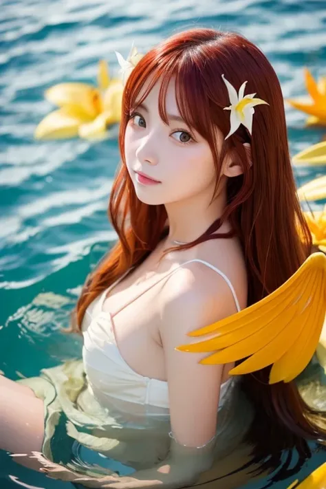 Girl in the water, long red flowing hair,  Angel Wings ,  orange、yellow、White lily flower