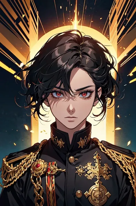 he is commander of police force. his hair is short and black. his eyes are red and glowing. he wears a black and golden robes and has a powerful demeanor he has a golden aura around hi and in a city background. he is facing off with a demon hound. his face...