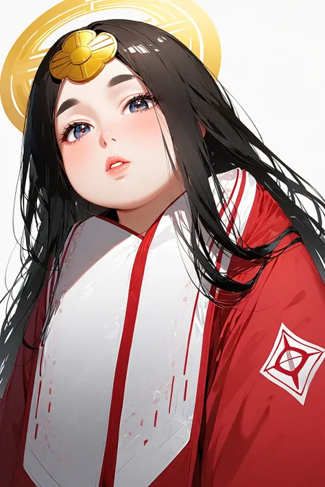  1 girl,   14-year-old girl, High school girl,  full body shot,  black hair, Long Hair,  cute face, Thin eyebrows, golden sun hair ornament, Amaterasu Omikami Cosplay , Red hair tie, Shrine Maiden&#39;s Clothing, Halo, perfect anatomy, Kind Face,   detail ...