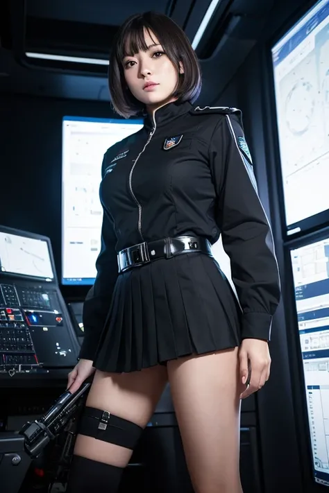 ( highest resolution,  clear_image),  best quality, masterpiece,  very detailed, Semi-realistic,  short dark-haired woman ,  mature woman , Triple Bang,  black uniform,  black pleated skirt, uniform, spaceship space, Control Room, commander