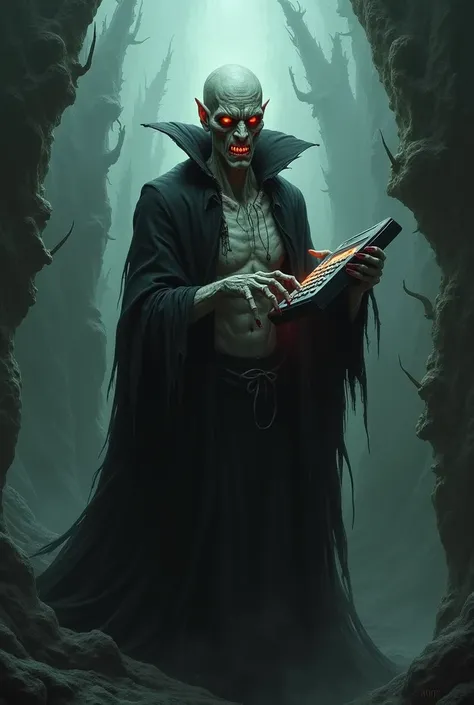 Vampire holding calculator in the dark with only 3d hell
