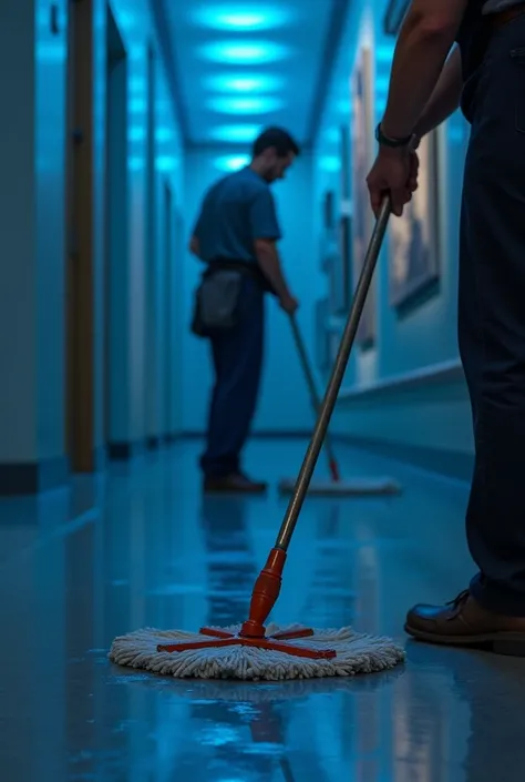 The janitor meticulously cleaning the east wing of the museum, holding a mop with a faint smudge of blue paint on the handle, under dim blue lighting