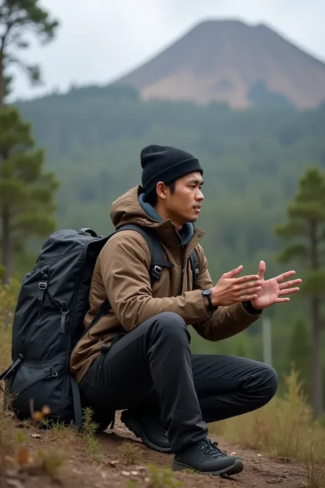 Real human photo Maman is a young Indonesian man, handsome, with a sharp nose, thin lips, short straight black hair, wearing brown winter jacket, black beannie, black cargo pant, black mountain shoes, henia sitting on the ground, at the forest in Semeru mo...