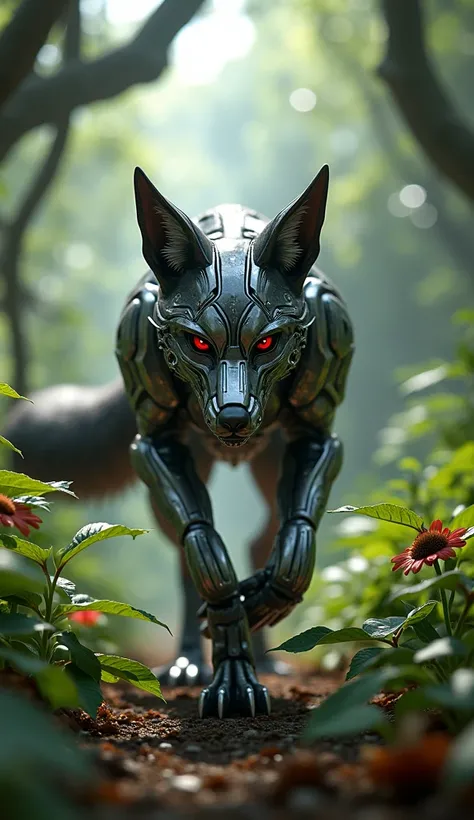 Create a hyper-realistic creature Ultron into fox at jungle.