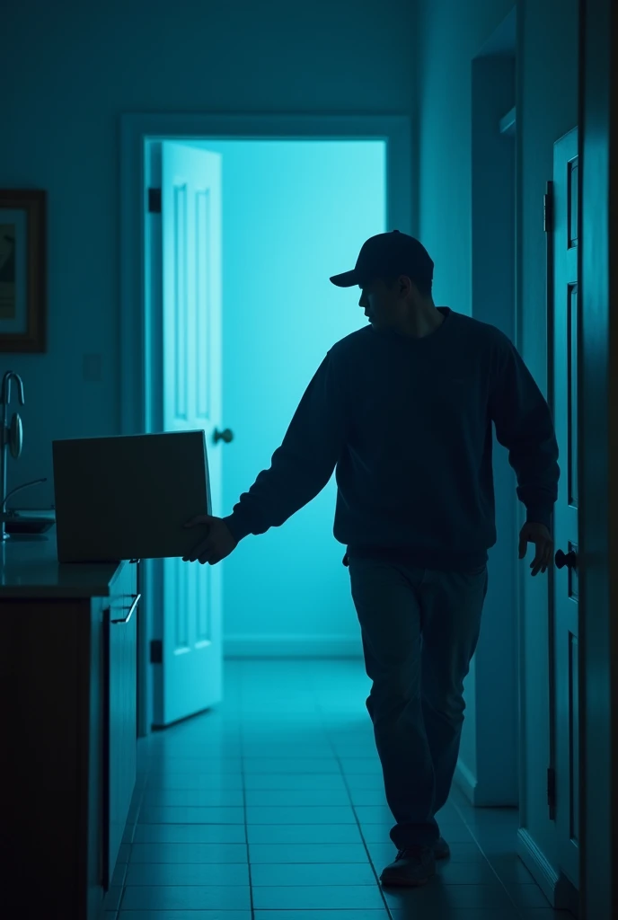 The delivery person placing a box on a counter and walking away, casting long shadows under the blue glow, as though they’re hurried and uninterested.