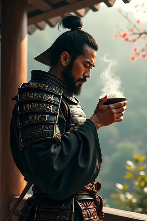 Samurai holding a cup of rice