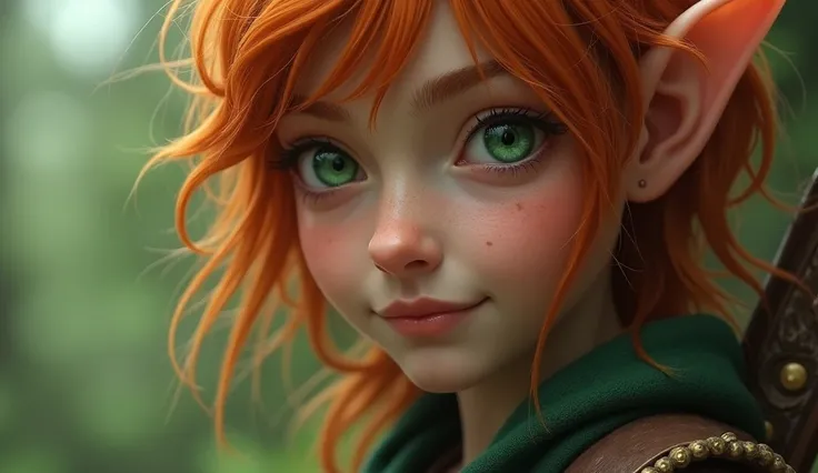 Realistic, RPG, Fantasy movie. A close-up of a young, elf-like woman with orange, shaggy medium-length hair and bright green eyes. Her face is round, with soft features, but her expression exudes a confident, almost pretentious smile, as if she knows somet...