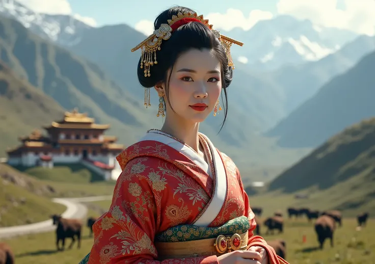  A woman wearing a kimono , in the geisha style ,  shaped like a typical woman from Tibet ,  in the realistic style with a landscape also typical of Tibet in the background