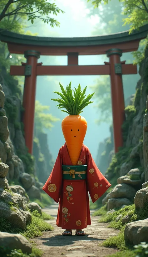  supernatural humanoid carrot creature wearing traditional Japanese clothes , but、 stands in the ruins of a shrine with a torii gate, 伝統的な日本の服を着ている, 4K 8K,  super real , masterpiece『Spirited Away』