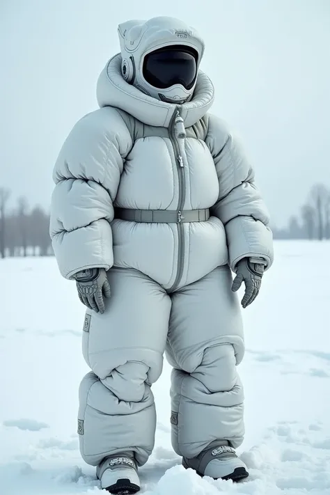 A model wearing futuristic oversized snow outfit and full head and full face covered headwear 