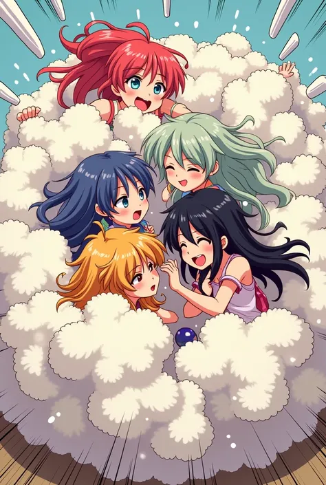 An anime-style comic depicting many ladies playfully wrestling with each other inside a board comical fight cloud.
each lady has different  colored hair.
their faces,hands,and feet are visible emerging from the cloud as they tussle humorously,  with the re...