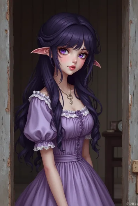 Pretty girl with super dark purple hair purple eyes dress Victorian era almost commoner in the background of a semi-realistic style cabin 