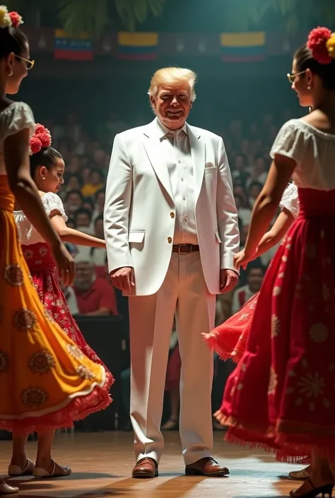 Create Donal Trump in a full white suit, typical Venezuelan costume on a stage surrounded by Venezuelans dancing Joropo