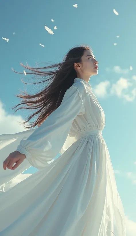   Fantasy  　Snow Flower　 cute pretty young beautiful woman　  looking up at the sky 　 　  white silk dress  　 Cute pretty young beautiful woman with long hair fluttering in the wind ,  cowboy shots, Food,  character profile ,  high definition , masterpiece, ...