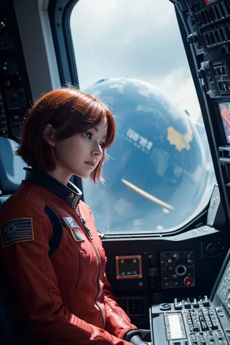  absurd determination ,  high definition , (masterpiece: 1.4), Super detailed, One young woman, short red hair ,  pilot suit , Rich Princess,  sit in an extremely small, closed mechanical control room and look out the window,  From the Window to Space、I ca...