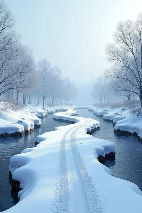 A road.  Two side have river. Snowfall in the road.