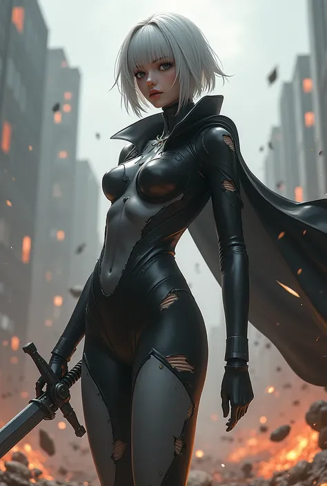  2b by Nier Automata in battle pose, In a torn suit 