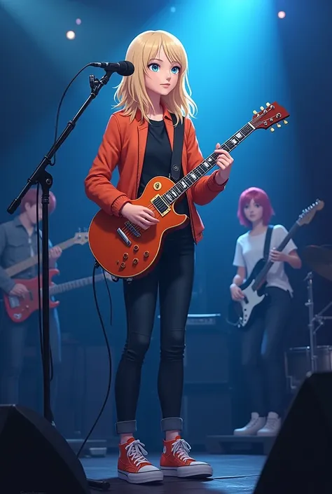 



 - The band Aurorah is on stage ,  with Aurorah a 22-year-old girl with blonde hair , blue eyes,  and wearing an Orange Jacket with a black shirt underneath and wearing jeans ,  wearing orange sneakers , and holding her woody orange Les Paul guitar .
 ...