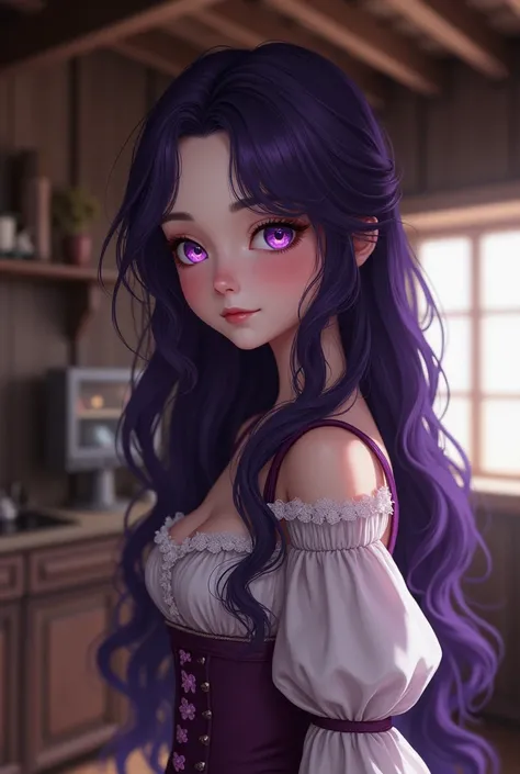 Pretty girl human with super dark purple hair purple eyes dress Victorian era almost commoner in the background of a semi-realistic style cabin 