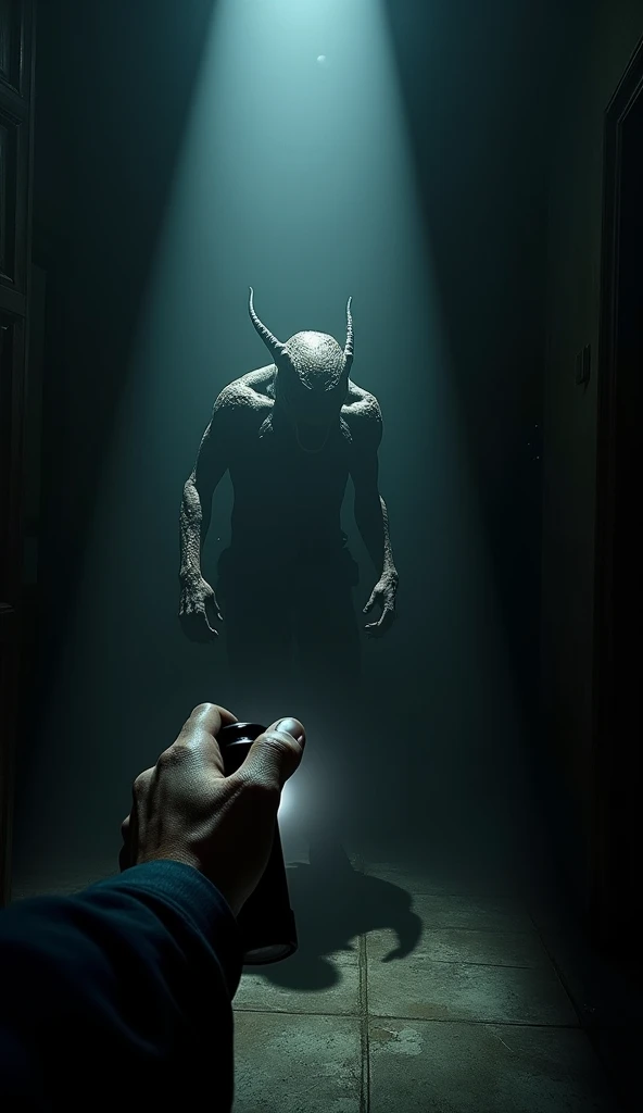 realistic photo, the hand holding the flashlight is walking while illuminating a pitch black haunted room without even a light, and the bias of the flashlight can highlight the figure of a mutant devil that is scary and disgusting like damaged skin, it mov...