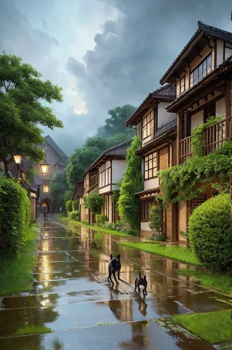  Close up painting of a cat walking through a beautiful village after the rain, Realistic,  very detailed, photoRealistic, 8k, masterpiece,  very detailed fur, Amazing Village Architecture ,  dramatic lighting, Cloudy, Raindrops, Lush greenery, Paving Ston...