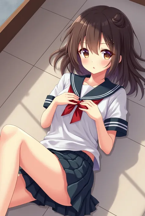 Anime woman in school uniform lying on floor with flat stomach