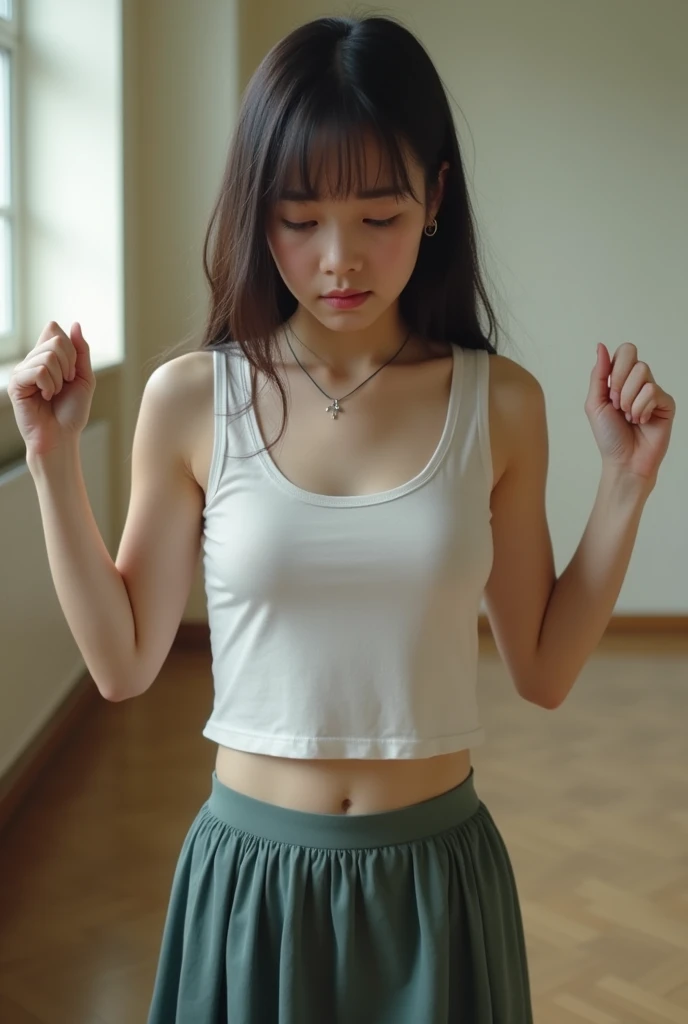 Junior high school student ,  girl, almost teen ,  ethnic chinese , beautiful,  wearing a very tight sleeveless t-shirt, wearing a very short skirt , very thin, sharp,  raised both hands high to show his armpits, embarrassed and distressed , crying, sweaty...