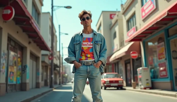 "A man from the 90s wearing light denim bell-bottoms with faded details and well-defined creases, characteristic of the retro casual fashion of the time. He wears a T-shirt printed with vibrant colors and geometric patterns, over it an oversized denim jack...