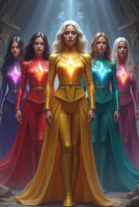 a group of six women with uniforms and costumes made of crystal they are six warriors each with different artifacts and different colors the first woman the color of her clothes is red with Crystal in the center of her chest the second woman has her yellow...