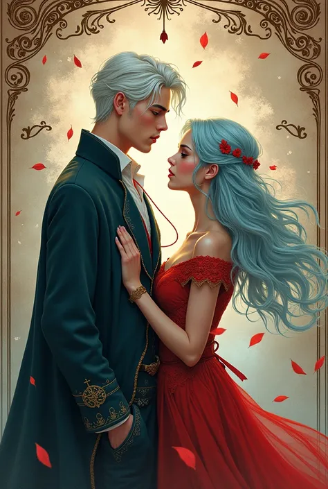  Create a book cover that has to do with the legend of the red thread, Let it be fanciful and that in the background there are letters written more fanciful that two people come out: a man with gray hair and white skin and a woman with light blue hair and ...