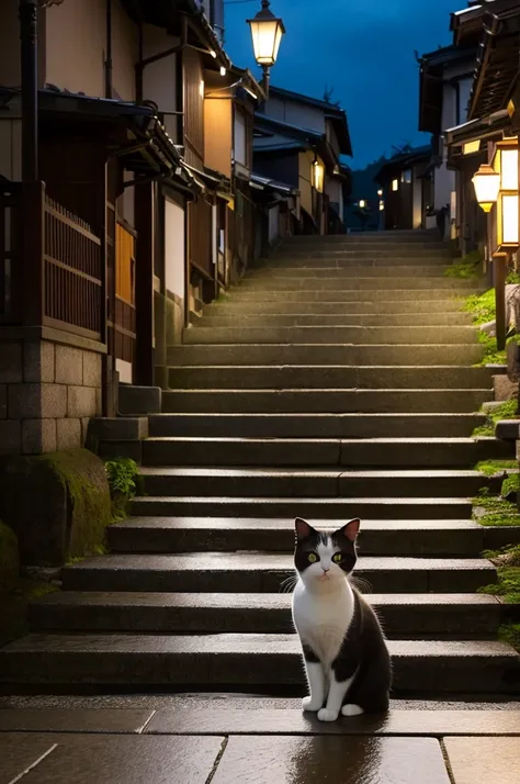 Realistic, Theme: "Cat on Stone Steps", Sannenzaka stone steps in Kyoto, Japan, Wet stone steps, Street lights reflected on wet stone steps, Calico cat standing on stone steps, Plump and cute, Looking at you with a serious face, Kyoto evening view as dusk ...