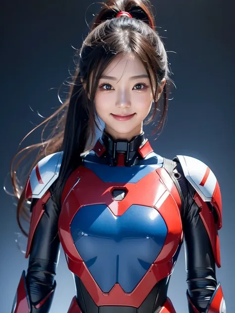 one Japanese female android, cute face, thin and tall, smile, black long hair, ponytail, blue and red robot suit, blue and red mechanical part, blue and red cyborg joint, upper body, plain background