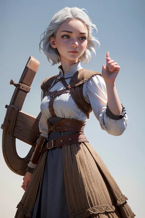 Young woman, campesina medieval "The Chronicles of Narnia",  gray and brown shreds,  blue eyes , short white hair, dynamic position,  raised hands sign,  safe expression, Iluminación natural,  plain white background , without patterns, No textures.