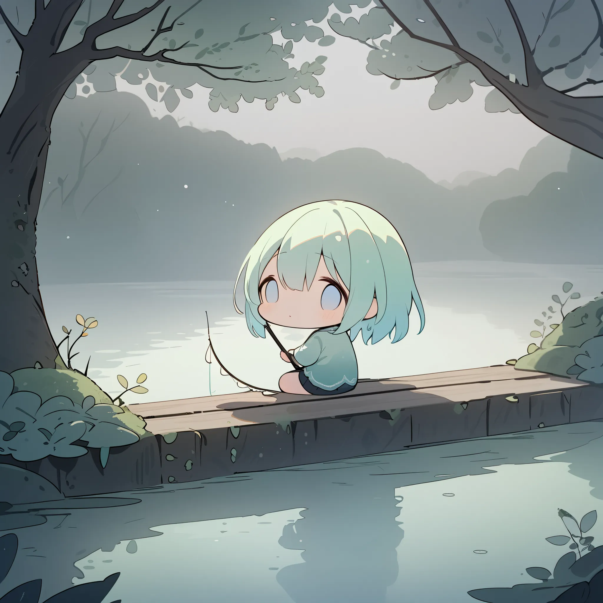 masterpiece, best quality, ultra-detailed, pastel tones, 
theme color green,chibi, masterpiece, best quality, 8k, highres, ultra-detailed, chibi, 1girl,girl close up, back view, fxmeme, long hair, pastel hair color, holding fishing rod, enjoying fishing,indian style sitting, ancient bridge, moss covered, overgrown vines, sitting on bridge, dense fog, soft light, tranquil atmosphere, muted colors, serene landscape, ethereal ambiance, weathered materials, diffuse lighting, mystical environment, lake, fish poking head out of water, playful, cute, foggy effect covering the scene