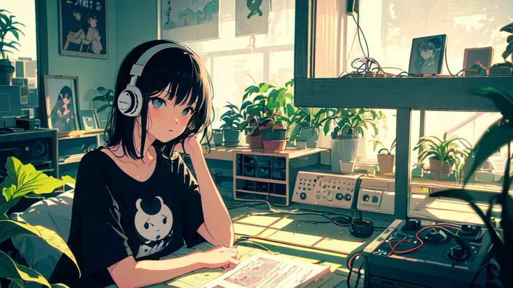 (lo-fi, retro, pale color, low contrast), (1girl, black hair, black eyes, t-shirt, headphone), (room with Japanese posters, houseplants, sunlight shining into the room), (dreamy atmosphere, nostalgic)