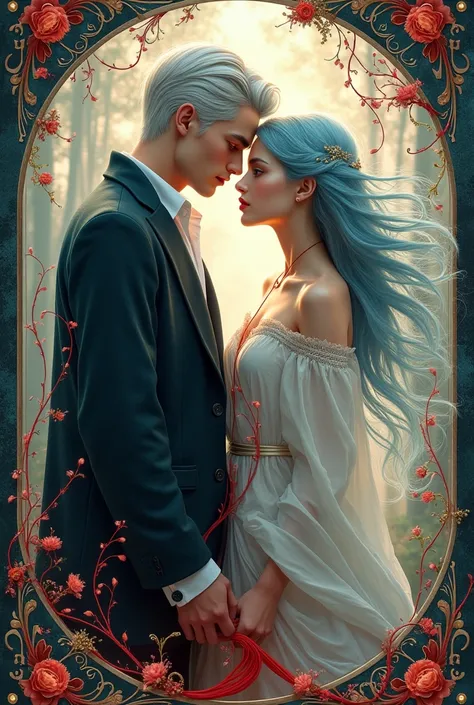  Create a book cover that has to do with the legend of the red thread, Let it be fanciful and that in the background there are letters written more fanciful that two people come out: a man with gray hair and white skin and a woman with light blue hair and ...