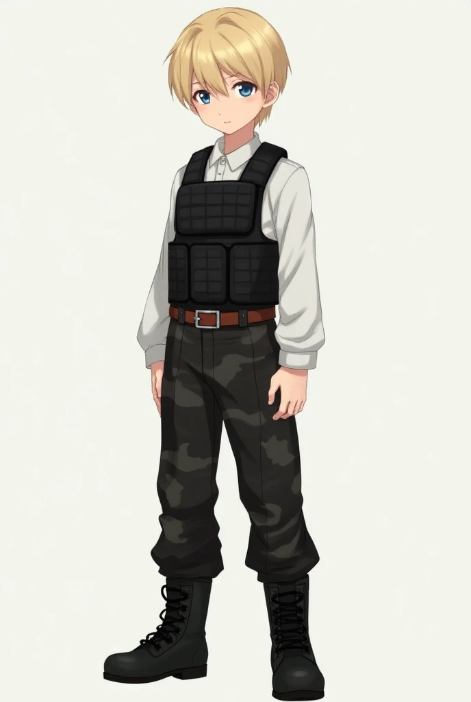 (Anime) young looking Boy, short blonde hair and blue eyes, wears a white long-sleeved collared shirt, a black kevlar vest, a brown belt, black camo pants and black combat boots.