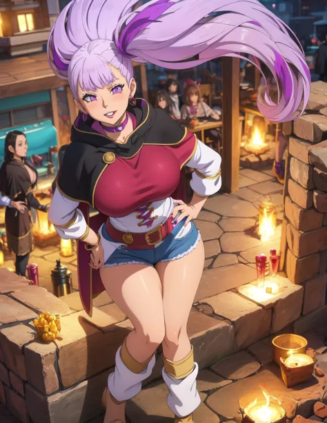 noelle_blackclover, 1girl, solo, earrings, twintails, jewelry, hand on hip, purple eyes,big breast,yellow corset,short jeans hot...