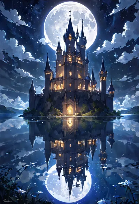 On a full moon night, a transparent old castle made of crystal stands on a fantastic lake, its existence being faintly illuminated by the moonlight shining through the clouds, a silent starry sky, high quality, medieval, solitude