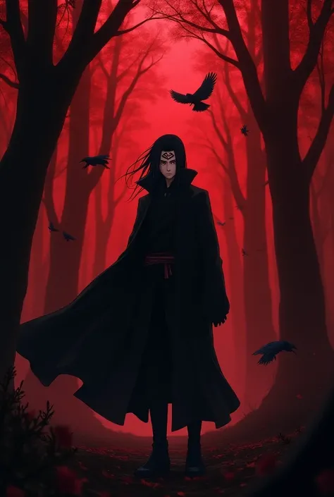 Itachi from Naruto in a dark and red forest with crows with the colors light 