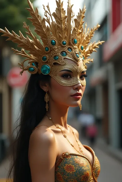 A filipina who wears a big crown and mask on the face representing the pearl of the orient seas make it modern